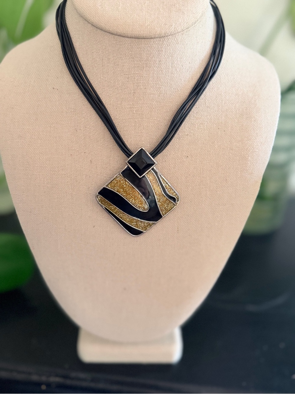Vintage Michaela Frey Black & Gold Enamel Pendant Multi Strand Necklace - Picture 2 of 3